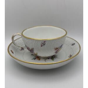 Antique Meissen Demitasse Cup & Saucer Set of 2 Flowers Insects Gilt